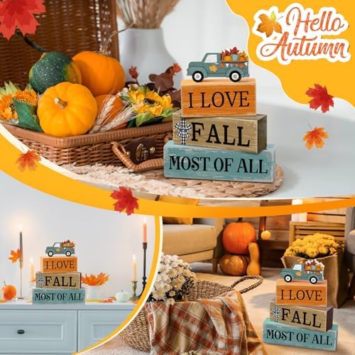 Moucuny 4 Pcs Fall Truck Table Decor, I Love Fall Wood Block Sign Home Tray