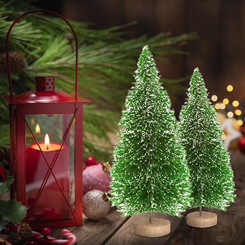 8pcs Mini Christmas Tree, Artificial Bottle Brush Trees with Wood Base, Tabletop Miniature XmasTrees with 4 Small Christmas Wreath, Fake Xmas Tree Ornament, White Christmas Tree for Christmas Décor