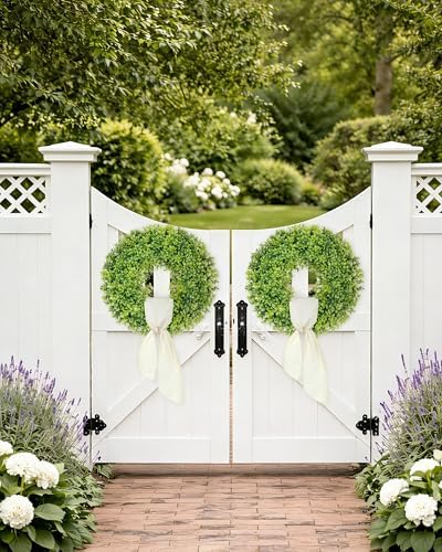 DDHS 23" Boxwood Wreaths Front Door, Artificial Spring Summer Wreath with Sash and Foldable, Green Year Round Indoor Outdoor for Farmhouse Fireplaces and Porches DIY St Patricks Day Decorations