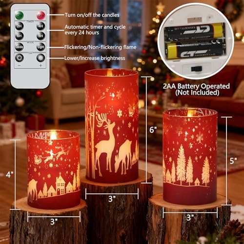 Wondise Red Christmas Reindeer LED Flameless Candles with Remote Timer
