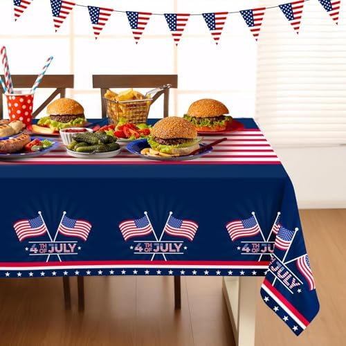 Childom 2 Pack Patriotic Tablecloth,Patriotic Decorations 54" x 108" Disposable American Flag Tablecloth,Plastic Table Cover for Veterans Day Decorations,Fourth of July,Camping,Picnic,Party Supplies