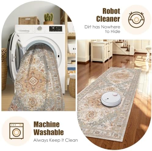Washable Area Rug 2'6'' x 8' Vintage Traditional Persian Mat - Foldable Distressed Non-Slip Machine Washable Carpet for