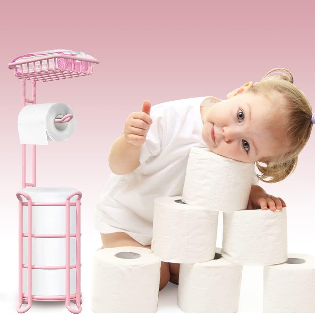 Pink Toilet Paper Holder Stand Tissue Holder for Bathroom Floor Standing Toilet Roll Dispenser Storage 4 Reserve Mega