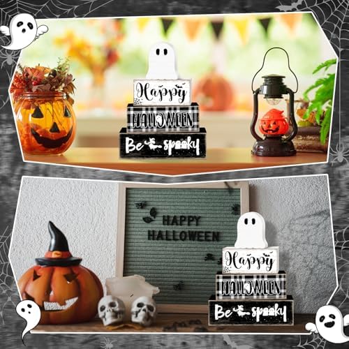 Britimes Halloween Ghost Tiered Tray Decor Set, 4 Pack, Wooden Table Sign