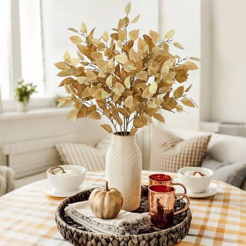 Artificial Fall Birch Leaves Stem - 6 Pcs Faux Autumn Greenery Long Stems 33.4" Tall Fake Plants with Branches Decorations for Thanksgiving Wedding Centerpieces Home Table Decor Floral Arrangements