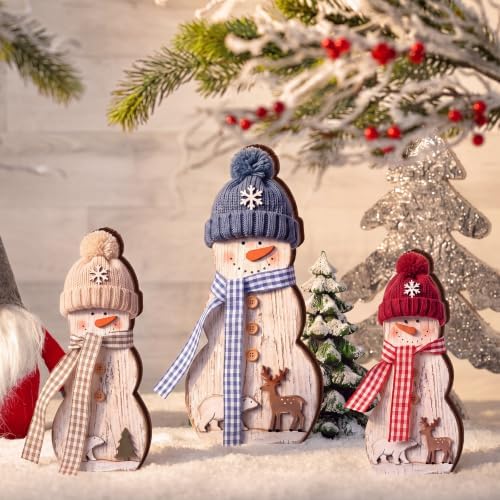 Suzile 3 Pcs Wooden Snowman Figurines, Christmas Tabletop Decor