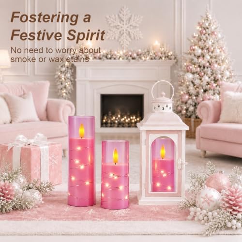 Raycare Flameless Battery Operated Pillar Candles with Remote Timer, Pink