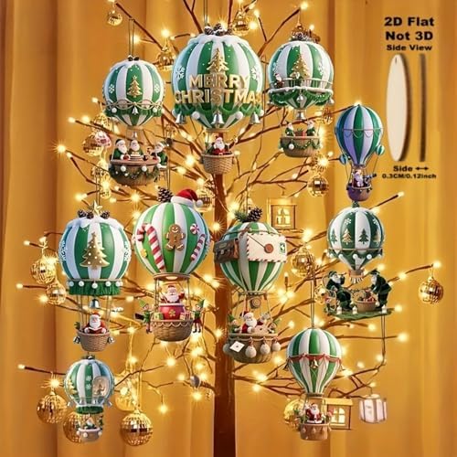 10 Pcs Christmas Hot Air Balloon Hanging Ornaments Green 2D Wooden Christmas Tree Ornaments Decor Santa Claus in Hot Air Balloon Designs Mini DIY Hanging Pendants for Xmas Home Party