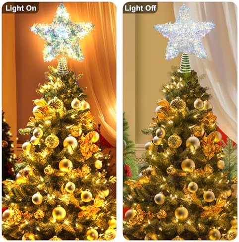 LAWOHO Christmas Tree Topper Star, Exquisite Christmas Decor, 10 Inch Shiny Iridescent Christmas Tree Decoration with 6H Timer, 20 Warm LED Lights for Xmas Tree, Holiday & Party, Indoor Decor