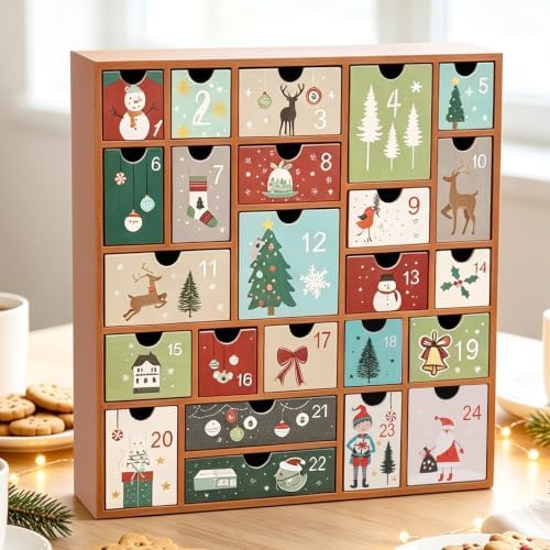 SAND MINE Wooden Christmas Advent Calendar with 24 Drawers, Countdown to Christmas Refillable Wooden Advent, Terracotta
