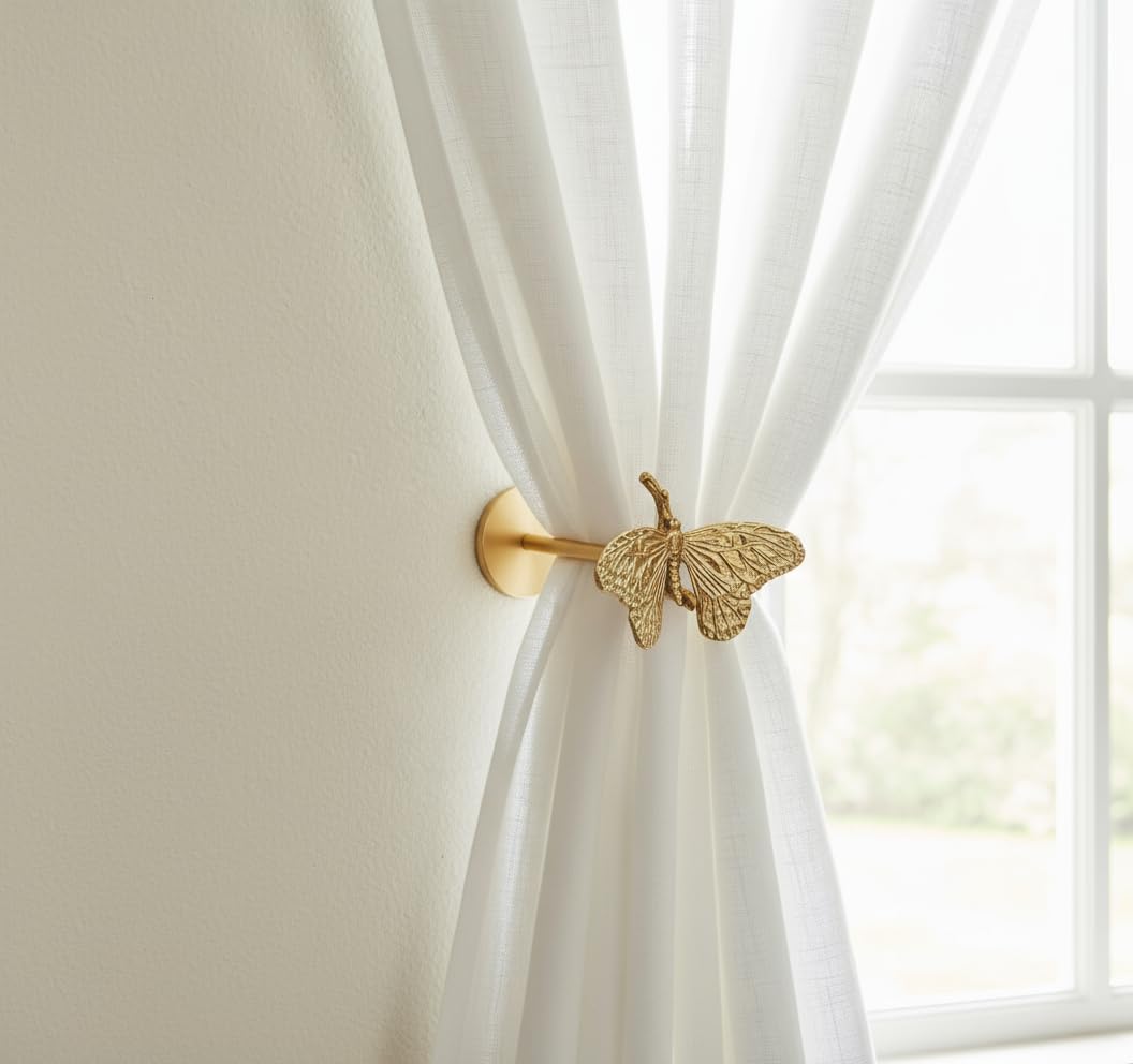 Brass Curtain Holdbacks (2 Pack) Gold Curtain Tieback Curtain Holders Backs Wall Hooks Pull Backs for Wall Mounted Home