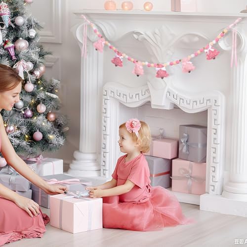 CroBlissful Pink Christmas Tree Felt Garland Xmas Bow Tree Decor
