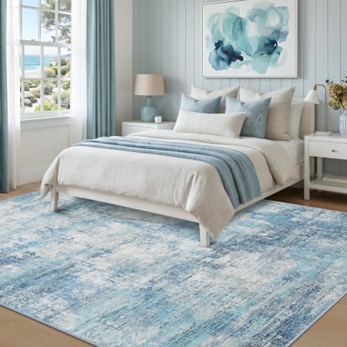 RELEANY Washable 5'x7' Abstract Area Rug for Living Room Teal Blue