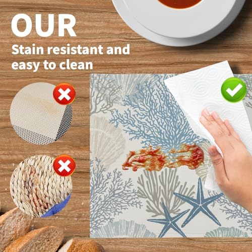 Nautical Coastal Placemats Set of 4 18x12 Inch Summer Beach Themed Linen Place Mats Heat-Resistant Washable Wipeable Seashell Starfish Coral Table Mat for Party Kitchen Dining Room Dinner Table Decor