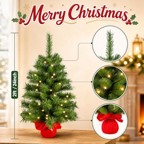 2ft Pre-lit Artificial Mini Christmas Tree,Small Xmas Tree