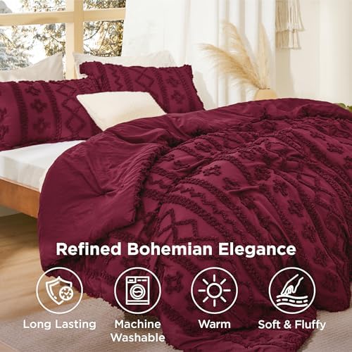 Bedsure Tufted Boho Comforter Set King Size - Burgundy Boho Bed Set, GentleSoft™ 3 Pieces Farmhouse-Style Embroidery