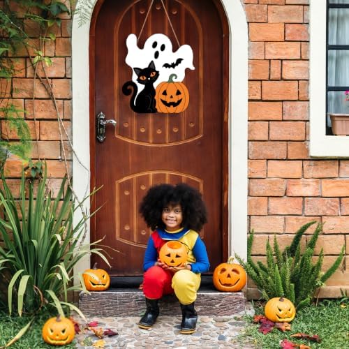 Halloween Ghost Wreath for Front Door Wooden Black Cat Pumpkin Door Decor