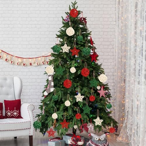 Lucleag 36Pcs Christmas Rattan Balls Star Decorations, Red White Green Natural Wicker Balls Star Ornament Vase Filler DIY Craft with Hemp Rope for Xmas Tree Home Table Decorations Party Supplies