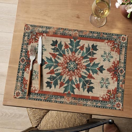 Artoid Mode Snowflakes Ethnic Boho Christmas Placemats Set of 4, Washable Heat Resistant Non-Slip Plastic PVC Place Mats for Farmhouse Holiday Party Dining Decor