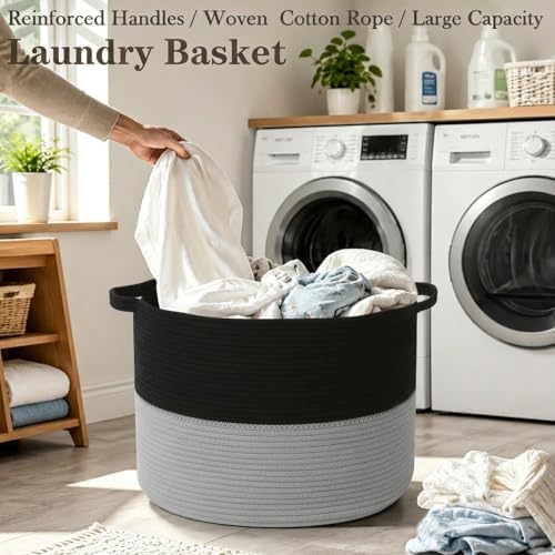 65L Large Blanket Basket,Woven Laundry Basket-Black&Light Grey