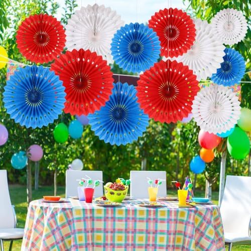 BestoFun 12 PCS 4th of July Patriotic Decorations Red White Blue Paper Fans for American Fourth of July Memorial Day Independence Day Veterans Day Party Decor Supplies