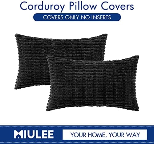 MIULEE Lumbar Corduroy Decorative Throw Pillow Covers 12x20 Black Pack of 2