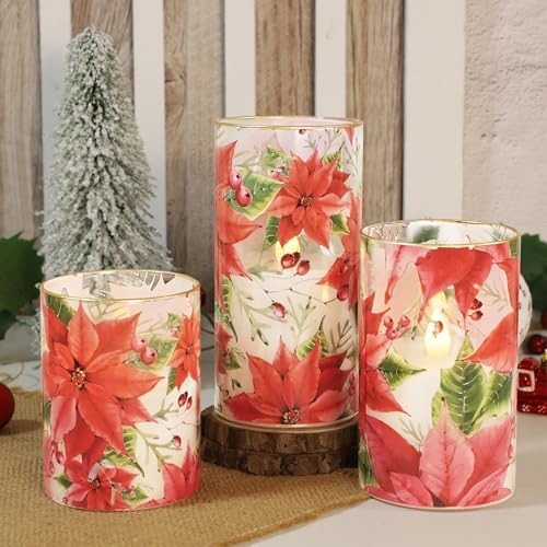 Crystal Club Red Poinsettia Christmas Flameless Candles with Remote