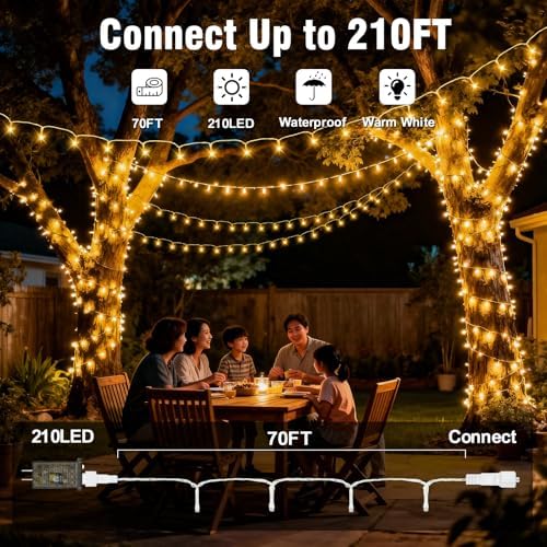 Outside LEDs Warm White LED String Lights – 70FT Transparent Wire, Waterproof & Connectable Christmas Tree Lights for Indoor Outdoor Holiday Décor