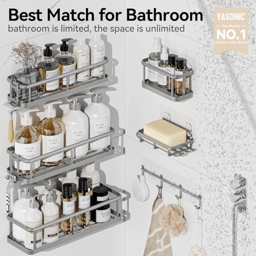 YASONIC Shower Caddy Adhesive, Rustproof Shower Organizer with Soap Holder, Large Capacity Shower Shelves for Inside