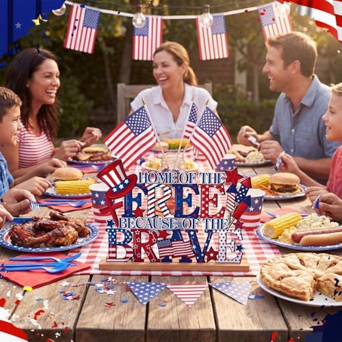 Cinnvoice Patriotic Memorial Table Decorations 11.8 Inch Metal 4th of July Sign Red White and Blue 250th Centerpieces with Wooden Base for Americana Veterans Day Party Supplies Shelf Office Home