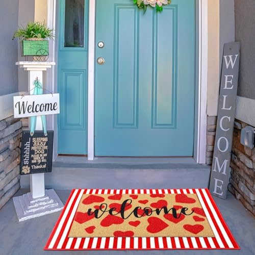 Tinideya 2 Pcs Valentine's Day Door Mat Outdoor Layered Heart Welcome Mat