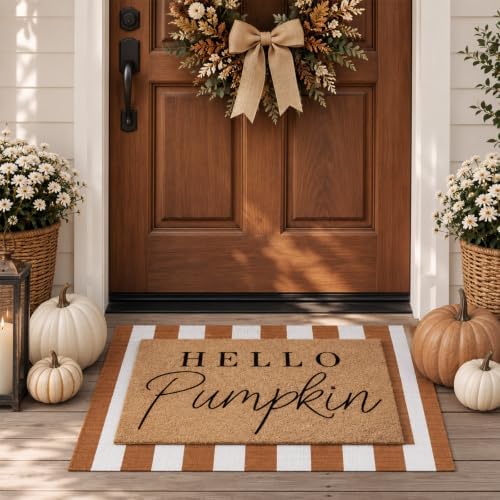 Tinideya 2 Pcs Hello Pumpkin Layered Doormat Set, White Orange