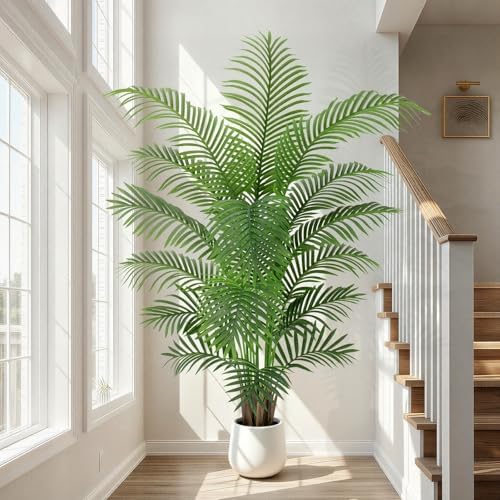6ft Artificial Palm Tree Tall Faux Palm Tree Indoor Large Fake Plants with 18 Trunks Artificial Plants with White Pot