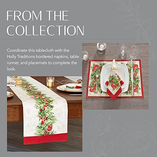 Elrene Home Fashions Holly Traditions Fabric Wrinkle Resistant Holiday Tablecloth, 60" x 144", Oblong, Multi