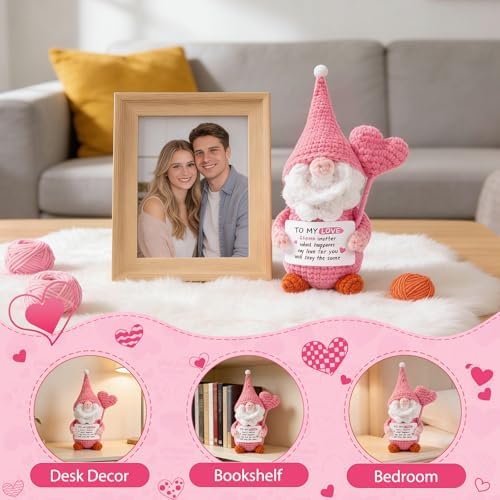 to My Love Crochet Gnome, Handmade Pink Romantic Gnome Decor for Valentines Day Anniversary Graduation, Emotional Support Desk with Love Message Card, Pink Heart Gnome Gift for Her