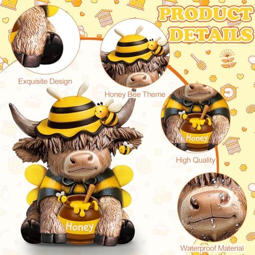 Karenhi 2 Pcs Highland Cow Figurines Resin, Bee Theme Honey Jar Decor