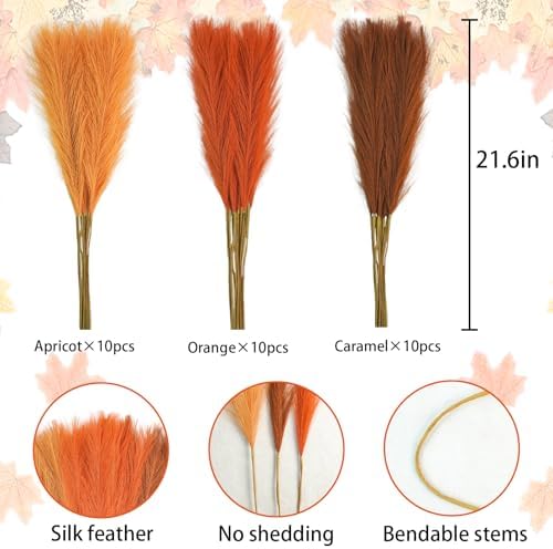 Agusbagli 30PCS Orange Pampas Grass, 21.6in Fluffy Faux Pompas Grass Stems