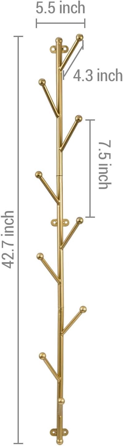 MyGift 9 Hook Wall Mounted Modern Gold Tone Metal Hat and Coat Hanger Tree, Decorative Entryway Vertical Hanging
