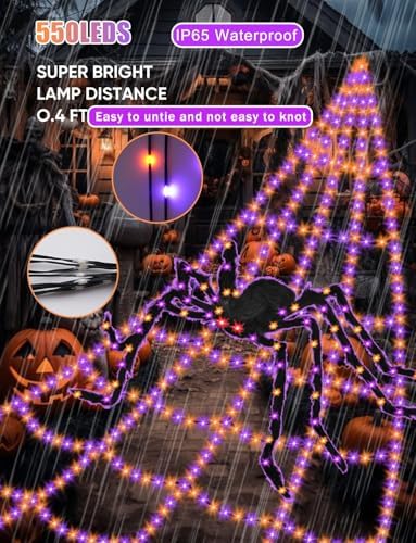 Spider Webs Halloween Decorations Lights - 550 LEDs Outdoor Giant Halloween Decor Lights with16.4ft,4ft Spider,8 Modes,Waterproof&Timer for Yard Porch Garden,Outside Party (with Spider)