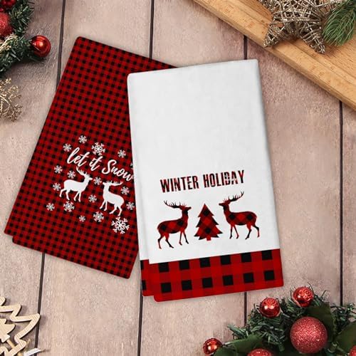 JOOCAR Red Deer Kitchen Towels Christmas Dish Towels Set of 2, 16x27 Inch Seasonal Witner Holiday Drying Dishcloth, Red Buffalo Plaid Decoration Hand Towels for Kitchen Bathroom