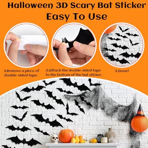 NEBURORA 36 Pcs Halloween Bats Wall Decor Realistic 3D Scary Bat Sticker