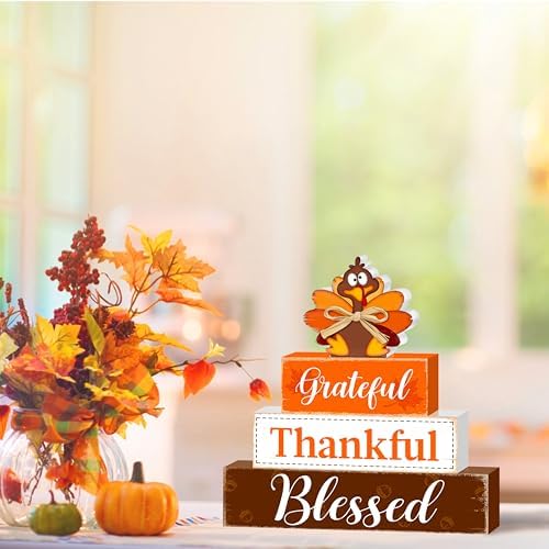 Fall Wooden Table Sign,Thanksgiving Turkey Wooden Blocks Table Decor, Blessed Grateful Thankful Tabletop Signs Farmhouse,Autumn Thanksgiving Harvest Home Kitchen Shelf Decor