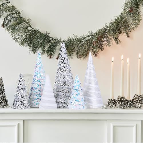 6 Pcs 12" 10" 6" Cone Christmas Tree Decorations Christmas Snow White Glitter Table Decor Farmhouse Trees Tiered Tray Ornament Xmas Tree for Home Holiday Entryway Tabletop Tree Centerpiece Decor