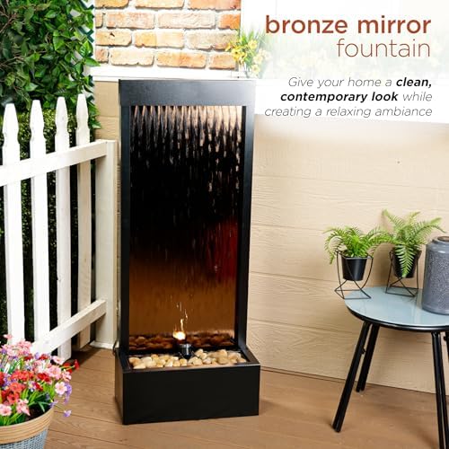 Alpine Corporation 48" Tall Indoor Modern Wall Mounted Zen Mirror Waterfall Floor Fountain with Stones and LED Lights