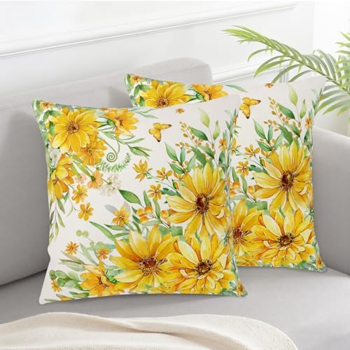 Summer Daisy Pillow Covers 18x18 Set of 2 Yellow Flowers Sunflower Decorative Throw Pillows Seasonal Spring Floral Green Leaf Outdoor Cushion Case for Home Couch Sofa Decor