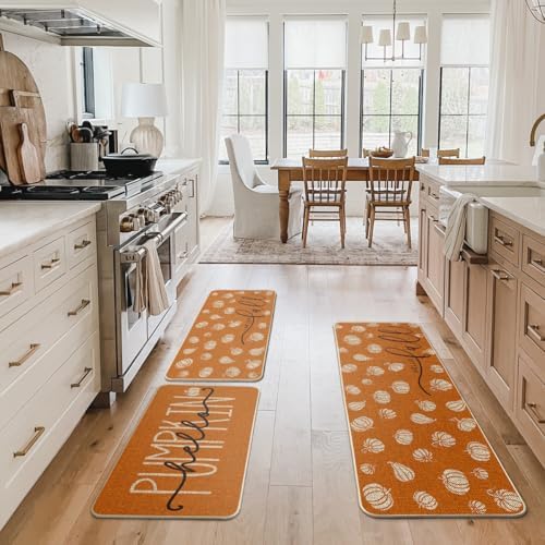 Artoid Mode Orange Fall Kitchen Mats Set of 3-17"x29"+17"x36"+17"x47"