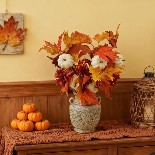 RHN Fall Flowers Artificial for Decoration,16.9 in Fall Floral Stems Picks with Pumpkin Sunflower Berry Maple Leaf Stem for Autumn Harvest Thankgiving Home Table Centerpiece Floral Arrangements