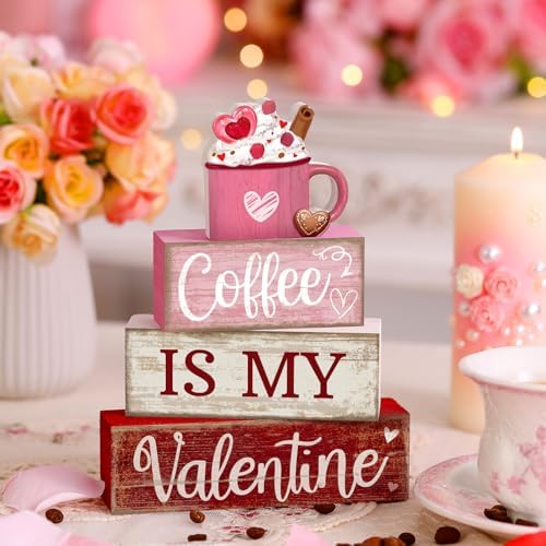 Lineshading 4 Pcs Valentine Coffee Wood Block Signs, Tiered Tray Decor