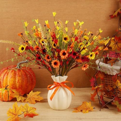 JUNEBRUSHS 12 Pack Fall Flowers, Artificial Autumn Floral Berry Picks Forsythia Stem for Thanksgiving Harvest Bouquet Floral Arrangements Garland Table Centerpieces Home Decor