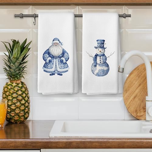 XPH Chinoiserie Christmas Kitchen Dish Towels Set of 2, Santa Gifts for Women, Winter Blue and White Chinoiserie Christmas Santa Claus Snowman Hand Towels Kitchen Tea Towel Decorations, 16x24inch